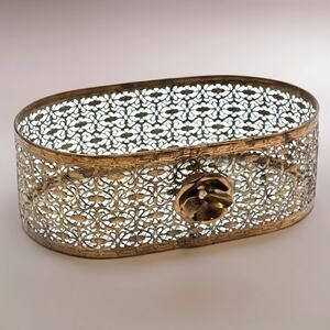 Vintage Goldtone Filigree Oval Vanity Basket Hollywood Regency Metal Decor